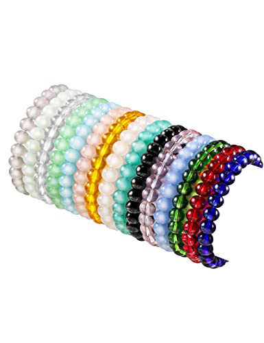 PIPITREE 15Pcs 6mm 8mm Beaded Stretch Bracelet Handmade Glass Bracelet for Women, Multicolor Crystal Round Beads Bracelet Elastic Bead Bracelets Pack Jewelry