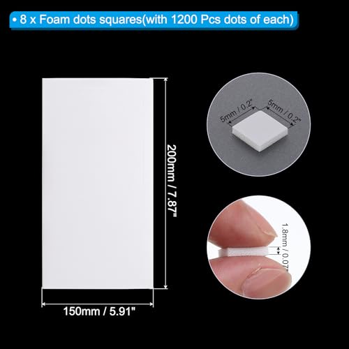 PATIKIL 9600Stk/8 Blätter Schaum Punkte Quadrate 0.2 Quadrat Form 3D Doppelklebe Schaum Klebeband Halterung für Basteln Kunst Büro Bedarf Scrapbook Weiß