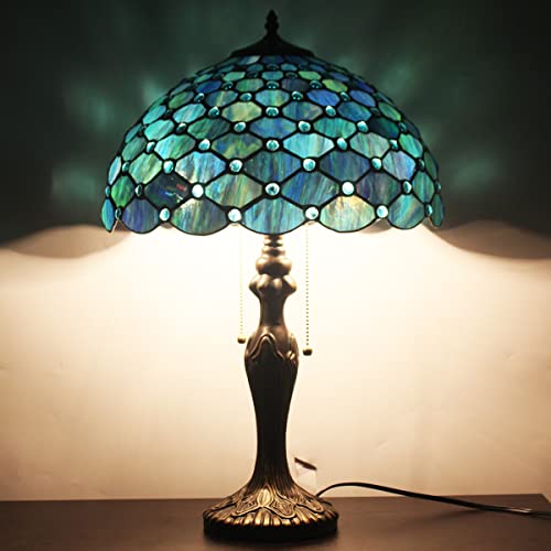 Zjart Tiffany Lamp Blue Stained Glass Peal Bead Style Reading Table Lamp W16H24 Inch Bedside Nightstand Desk Work Study Desktop Light Decor Home Kids Bedroom Living Room Office Pull Chain Switch #TOP1