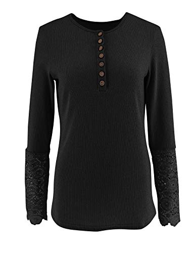Limerose Women's Long Sleeve Lace Trim Tunic Tops Button Down Casual Blouse Cute Crew Neck Ribbed Shirt3