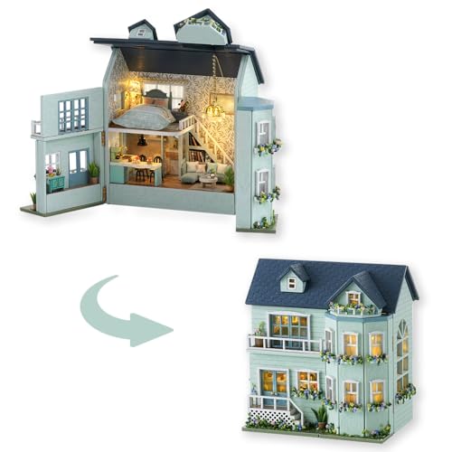 Image of TuKIIE DIY Miniature Dollhouse Kit with Furniture, 1:32 Scale Creative Room Opened & Closed Mini Wooden Doll House for Kids Teens Adults(Warm House)