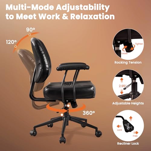 Image of Leather Home Office Chair, Mid Back Ergonomic Desk Chair with Lumbar Support, Mid Century Modern Deep Seat Swivel Rocking Computer Chair, Black