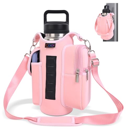 Image of icolor Gym Magnetic Bag Water Bottle Holder Gym Bottle Carrier Bag with Phone Pockets & Handle Shoulder Strap Gym Accessories Organizer for Women,5 Built-in Magnets Gym Bag Pouch Sleeve (Pink)