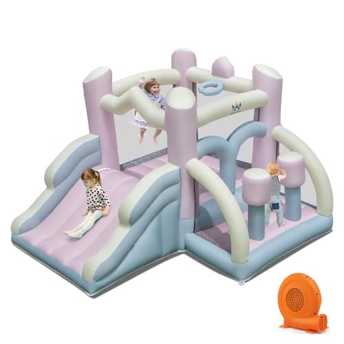BOUNTECH Inflatable Bounce House, White Pink Dream Cotton Bouncy House for Kids 5-12 Indoor Outdoor Backyard Fun w/Blower, Wide Slide, Toddler Jumper Bouncy Castle for Boys Girls Birthday Party Gift