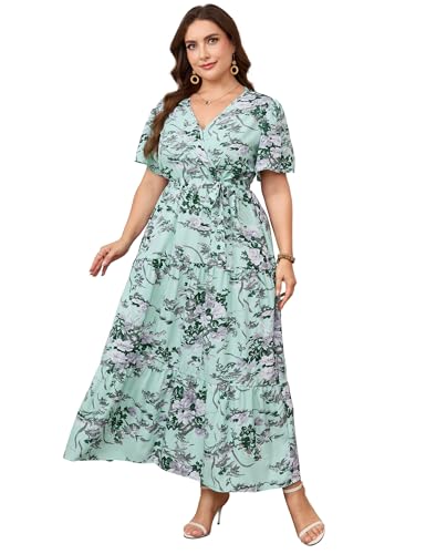 Image of ShopWonder Womens Plus Size V Neck Wrap Maxi Dress High Waist Ruffle Summer Casual Dress with Belt