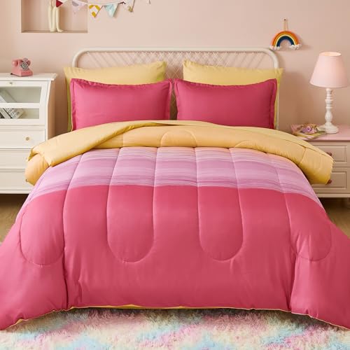 Image of Dinjoy Girls Comforter Set Twin Size 5 Pieces Bed in A Bag Colorful Ombre Pink Yellow Rainbow Bedding Set for Kids Teen (1 Comforter, 1 Flat Sheet, 1 Fitted Sheet, 1 Pillow sham, 1 Pillowcases)