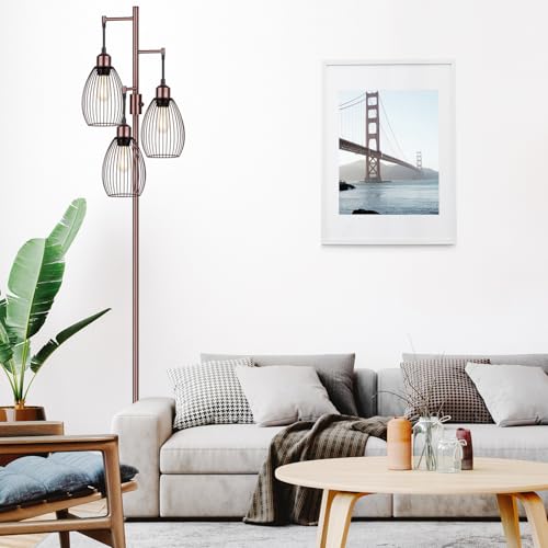 Image of Dimmable Floor Lamp, 3 x 800LM LED Edison Bulbs Included, Farmhouse Industrial Floor Lamp Standing Lamp with Elegant Teardrop Cage Head Tall Lamp for Living Room Bedroom Office Dining Room - Brown