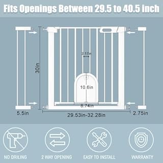 Baby Gate with Cat Door, 29.5-40.5 Inch Extra Wide Pet Gates Cat Door, Walk Through Dog Gates Indoor for Cat Puppy, Safety Child Gate Pressure Mounted No Drill, Pet Barrier for Stairs Doorway, White