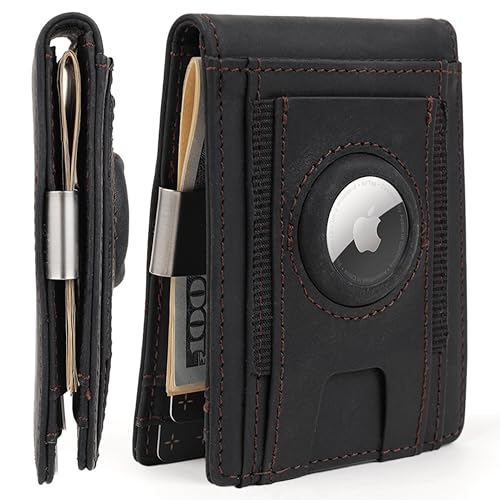 AirTag Wallet for Men, Genuine Full Grain Cow Leather Wallet with Air Tag Holder, Slim, Smart, Minimalist, RFID Blocking, ID Window, Leather Airtag Money Clip Wallet