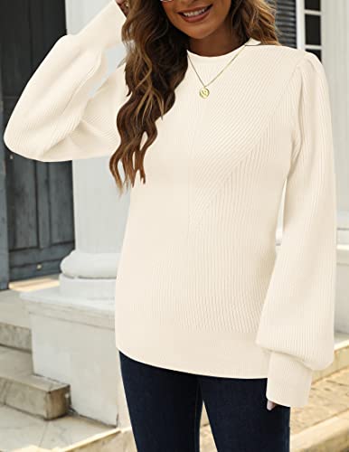 Tecrew Womens Sweater Lantern Long Sleeve Slim Fit Plain Pullover Knit Jumper Sweaters, Apricot, Small #TOP2