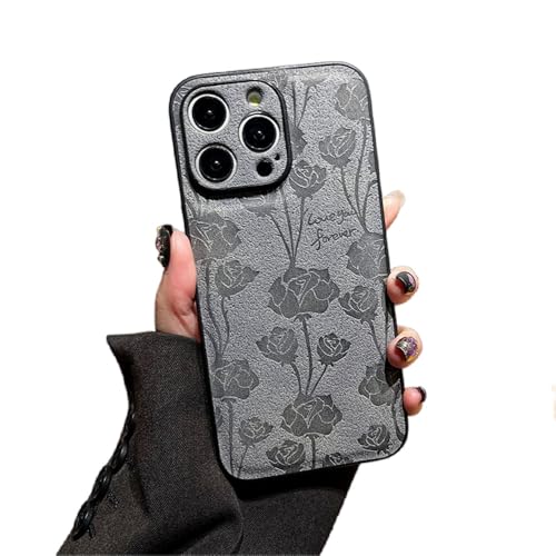 Coque iPhone 15 Pro cuir luxe rose et gris aux motifs élégants