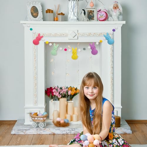 Image of JarThenaAMCS Easter Felt Banner 3D Colorful Bunny Garland Double-Sided Rabbit Pom Ball Bunting Garland for Spring Party Supplies Home Mantel Office Classroom Outdoor Indoor Hanging Decoration