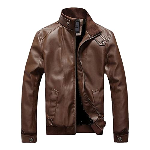 Maiyifu-GJ Men's Slim Motorcycle Jacket Faux Leather Zip Up Windproof Moto Coat Stand Collar Vintage Bomber Windbreaker (Brown,3X-Large)
