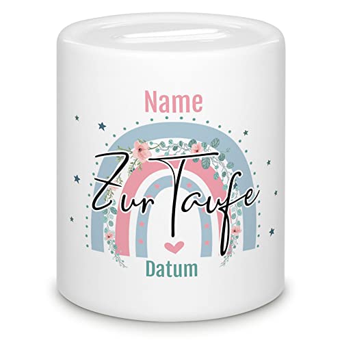 Personalisierte Spardose zur Taufe - Rosa Regenbogen mit Name und Datum - Geschenk zur Taufe, Geburt, Geburtstag | Personalisierte Geschenke