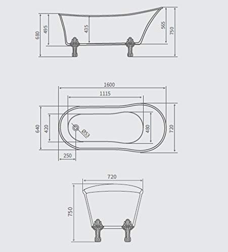 BagnoItalia Vasca da bagno classica per centro stanza cm 160x72 piedini a vista freestanding