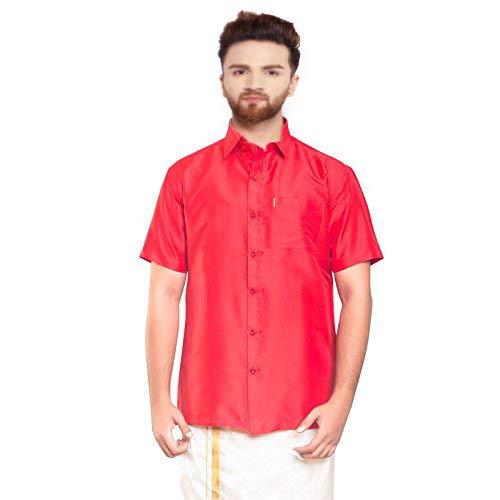 Image of SJS-Men's Half Sleeve Solid Art Silk Shirt