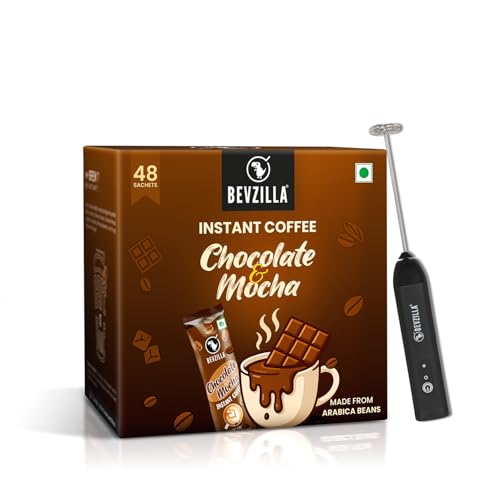 Bevzilla Chocolate & Mocha Instant Coffee Powder With Rechargeable Frother | Café Coffee Kit for Espresso, Latte & Cappuccino | Hot & Cold | 48 Sachets