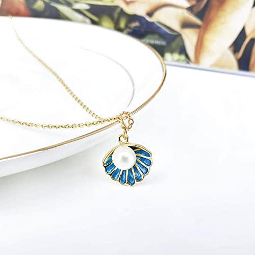 Seashell Pendant Necklace, Enamel Shell Blue Necklace For Women, White Pearl Bead Set In Clam Beach Necklaces Bohemian, Delicate Small Cute Gold Plated Teen Girls, Size Is 0.55'' × 0.43‘’ #TOP1