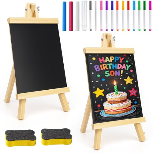 Hengxinchen Kreidetafel mit Ständer,2 Stück Kreidetafel Aufsteller, 16×28 cm Klein Schiefertafel zum Beschriften,mit 15 Kreidefarben, für Preisschilder Buffettisch Geburtstag Hochzeit Party Event