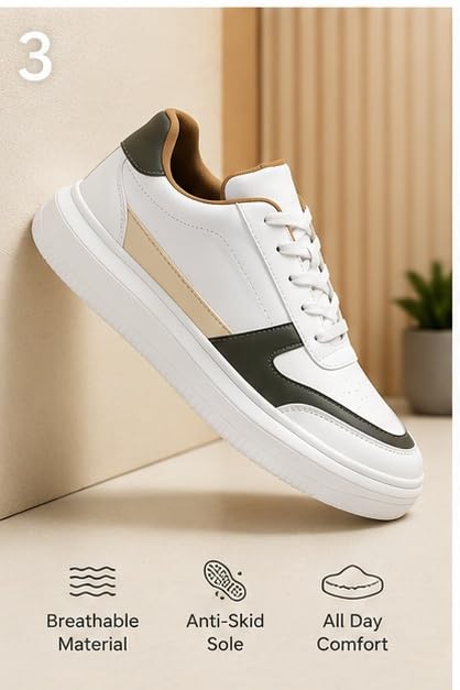Image of Men White Casual Sneakers | Lightweight Lace-Up Walking Shoes | Comfortable Fashion Sneakers for Men | Stylish Breathable Anti-Slip Casual Footwear for College Office Travel
