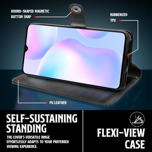 Image of WOW IMAGINE Shock Proof Flip Cover Back Case for Xiaomi Mi Redmi 9A | 9i | 9A Sport (Magnetic Button Flip Case | Wallet Pockets & Stand | Leather Finish | Haze Black)