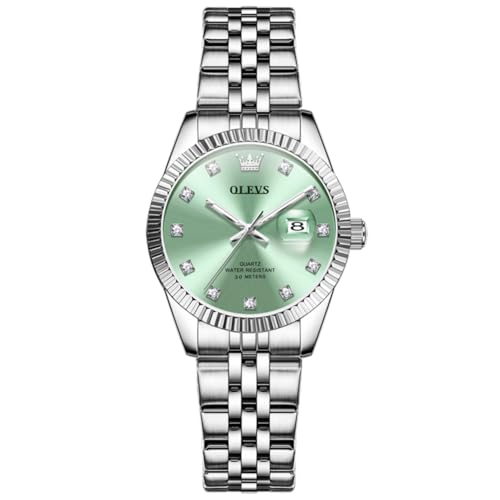 OLEVS Silver Watches for Women Small Face Green Dial Stainless Steel Women's Watch Classic Luxury Diamond Analog Quartz Womens Watch Easy to Read Waterproof Luminous with Date Ladies Watches