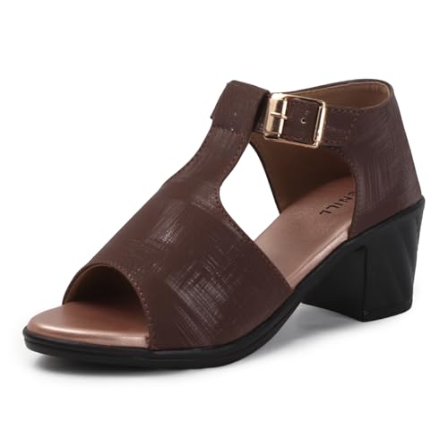 Image of Denill Fancy & Comfortable Brown Heel Sandal with Ankle Strap for women & Girls