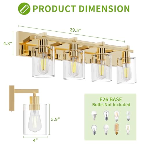 Image of Bathroom Vanity Light, 4 Light Gold Light Fixture with Thickened Clear Glass Shade, 24 inch Modern Wall Sconce,Vanity Light Over Mirror for