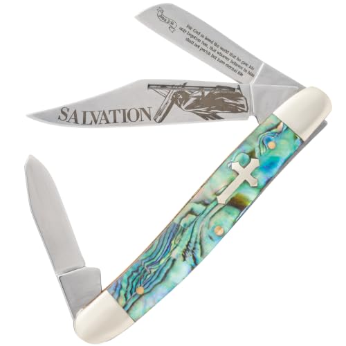 BUDK Christian Abalone Stockman Pocket Knife | Three Stainless Steel Blades