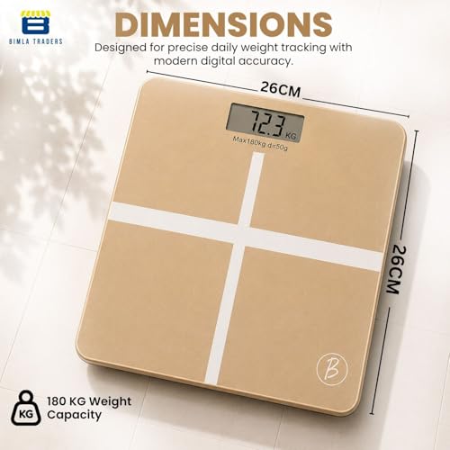 Image of Btag Premium Digital Body Weight Scale | 26x26 cm Wide Platform | Clear LCD Display | Anti-Skid Base | 180 kg Capacity Cross Design (Camel)