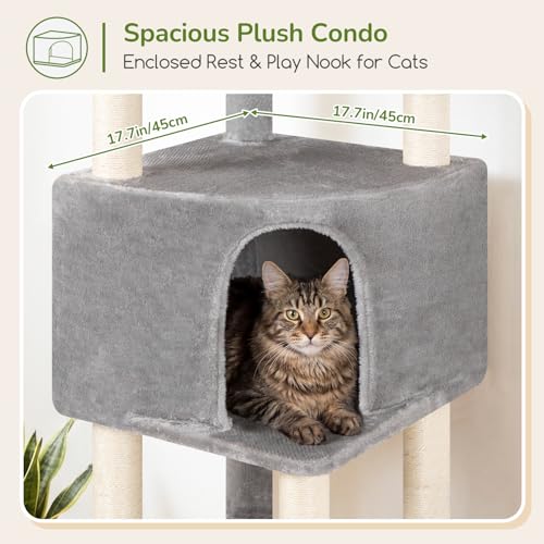 Image of Globlazer Tall Cat Tree Tower for Large Adult Cats, Multi-Level Large 65 Inch Cat Scratching Tower with Hammock, 6 Scratching Posts, Basket and 2 Perches for Indoor Multiple Cats, F65D, Light Grey