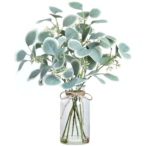 VIERENA Artificial Eucalyptus Stems in Glass Vase with Faux Water,15" Fake Plant Eucalyptus Leaves White Seeds for Centerpiece Table Decorations Farmhouse Wedding Home Greenery Decor (White-Green) Cover