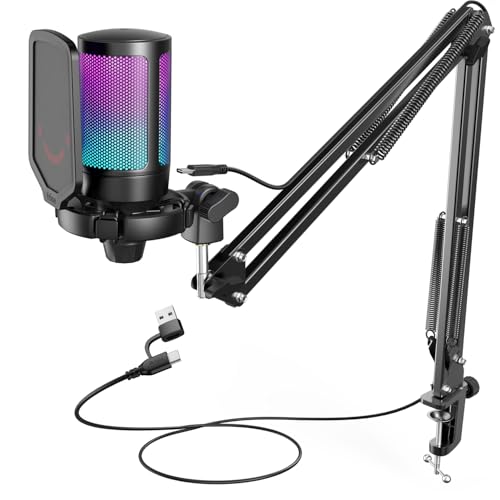 FIFINE USB Gaming Microphone Kit for PC PS5 Computer Condenser Microphone with RGB Quick Mute Gain Control Boom Arm Stand Shock Mount Pop Filter for Streaming Discord Podcasts YouTube -A6T