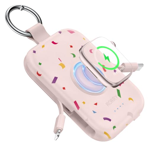 Image of RORRY CharmGo Portable Charger, 5000mAh Portable Charger Power Bank | Built-in Cables,Travel Keychain Battery Pack Essentions for Apple Watch 1~11 Series /Ultra /SE & iPhone Air /17 /16 /15 /14 /13 /12