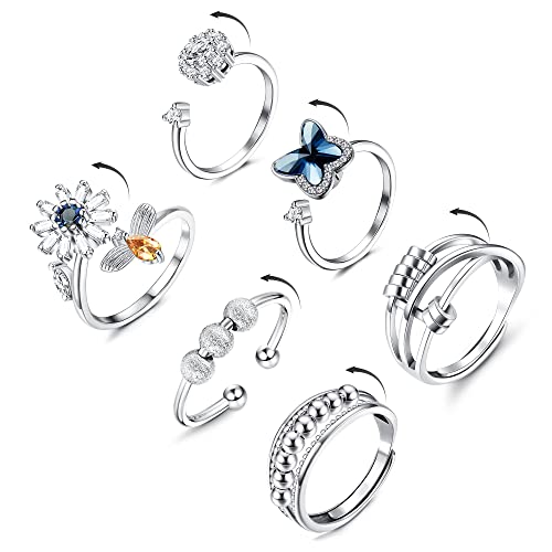 CASSIECA 6 Pcs Argent 925 Bague Anti Stress Femme Fidget Bague pour Femmes Réglable Argent Anneau Ouvert Ensemble Spinner Anneaux Zircon Cubique Bague Soulagement du Stress Anneaux Empilables