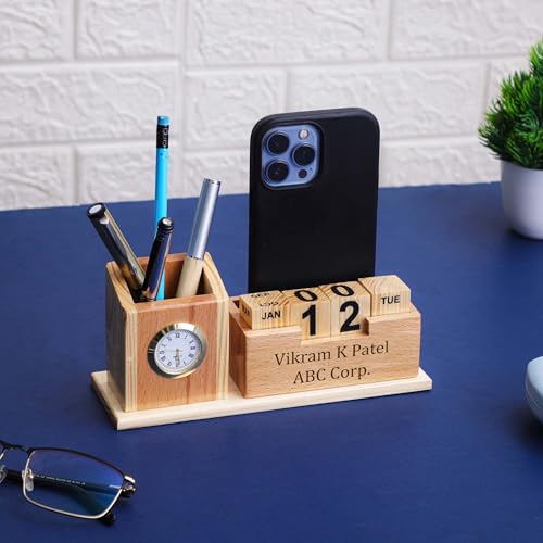 Image of Deskart Customized Multipurpose Pen Holder Stand | Premium Wooden Desk Organizer with Clock, Flip Calendar, Business Visiting Card and Mobile Holder