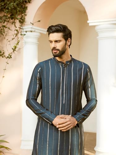 Image of See Designs Men Full Sleeve Chanderi Silk Sequins Mandarin Collar Side Slit Kurta With Pyjama