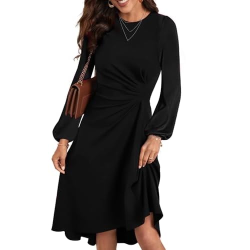 Happy Sailed Women’s Fall Long Sleeve Ruched Waist Flowy A Line High Low Midi Cocktail Party Dress