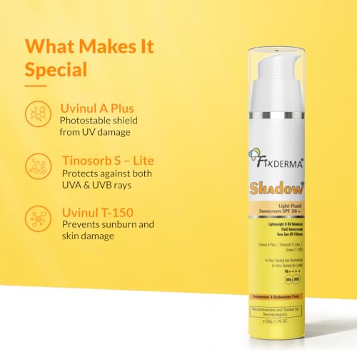 Image of Fixderma Shadow Light Fluid Sunscreen SPF 50+ & PA++++, Lightweight & Oil Free, Clinically Tested in-Vivo, for Oily Skin, Sensitive, No White Cast, UVA /UVB Protection - 50g