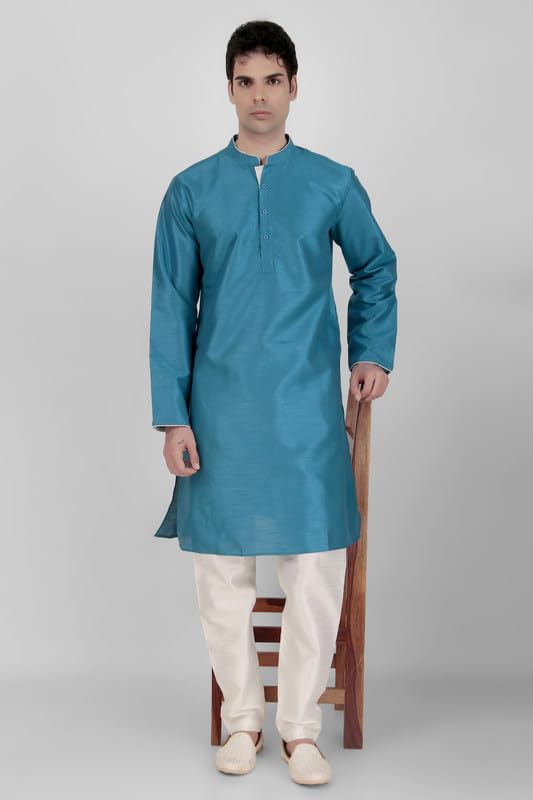 Mens Art Silk Kurta Pajama Set For Wedding and Parties - Mandarin Neck4