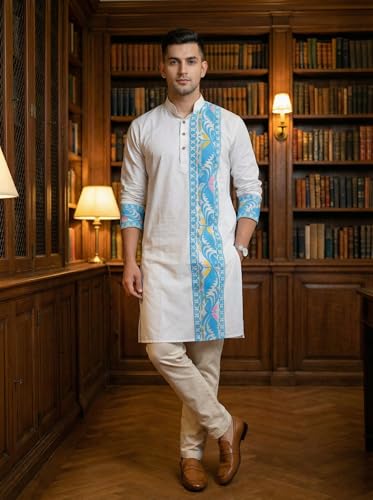 Image of Men's Jamdani Printed Kurta Pajama Set | Pure Cotton Ethnic Kurta with Mandarin Collar & Dupion Silk Pyjama | Festive & Weddings 303A12A 303SB12B(M XXL)