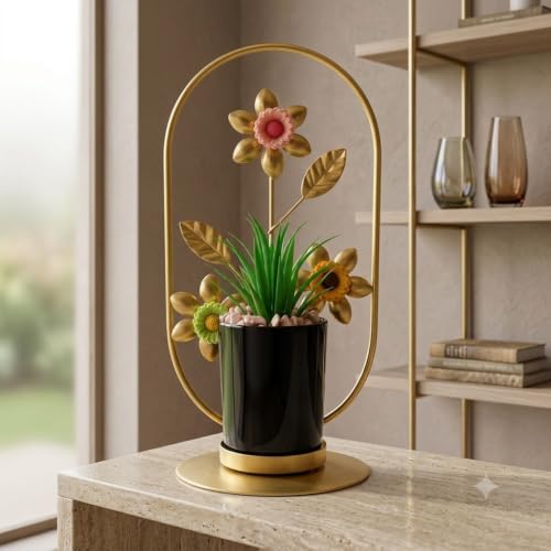 Image of Golden Metal Floral Stand With Artificial Green Plant And Black Ceramic Pot