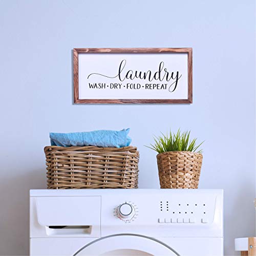 House Laundry Room Decor - Modern Rustic Wall Art Home Decor - Laundry Wash, Dry, Fold, Repeat - Cute And Funny Solid Wood Framed Printed Sign - Clear And Easy To Read - Size 8X17 Inches #TOP6