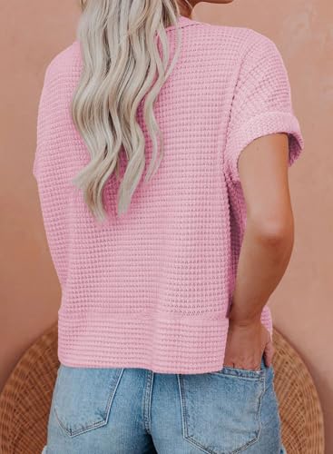 Image of Dokotoo Womens Summer Tops 2026 Waffle Knit Button Down Shirts Casual V Neck Short Sleeve Shacket Jacket Dressy Blouses