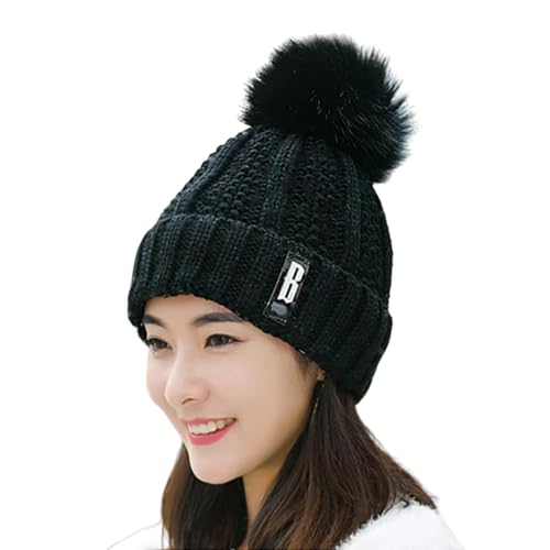 Image of SYGA Winter Beanie Hat for Women Warm Thick Cotton Lining Knit Bobble Pom Pom Skull Cap Fleece Lined Warm Cap Outdoor Sports Hat for Ladies Women Girl Free Size