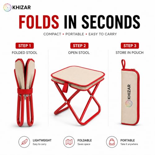 Image of KHIZAR Foldable Camping Stool with Carry Bag | Portable Folding Seat for Outdoor Travel | Heavy Duty Steel Frame | 100kg Load Capacity | Lightweight Fishing, Hiking, Trekking, Picnic, | Beige