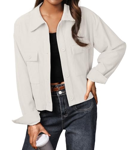 IWOLLENCE Cordjacke Damen Hemdjacke Cordhemd Kurzjacke Langarm Revers Button-Down Shacket Mantel