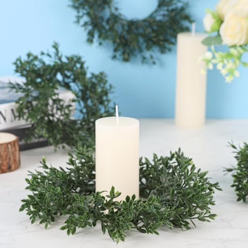 Image of 6 Pcs Artificial Boxwood Candle Rings Wreaths Mini Green Kitchen Cabinet Wreath Table Centerpieces Spring Summer Rings Wreaths for Pillars Farmhouse Wedding Party Decor