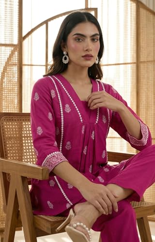 Image of Women's Pure Cotton Kurta Sets for Woman, Schiffli Embroidered Co ord Set for Women Stylish, Kurti Set for Woman, Ethnic Short Kurti and Pant Set