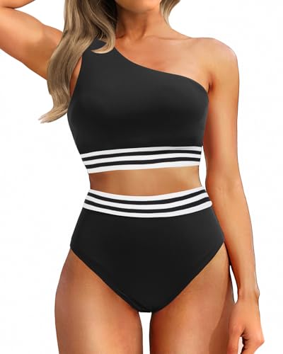 Image of Holipick Women One Shoulder High Waisted Bikini Sets Two Piece Swimsuit Tummy Control Bathing Suit Full Coverage Swimwear